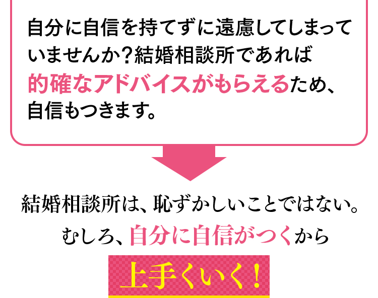 自分に自信を持てずに遠慮してしまっていませんか？結婚相談所であれば的確なアドバイスがもらえるため、自信もつきます。結婚相談所は、恥ずかしいことではない。むしろ、自分に自信がつくから上手くいく！