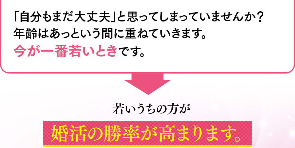 「自分もまだ大丈夫」と思ってしまっていませんか？年齢はあっという間に重ねていきます。今が一番若いときです。