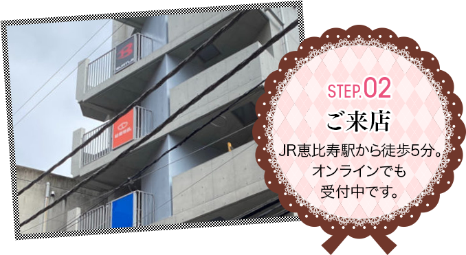 Step.02 ご来店 東京の場合、恵比寿 兵庫の場合、高砂